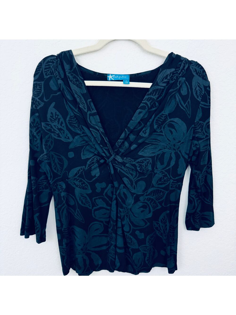 Fresh Produce Womens Pullover Knot Top Size M Vintage Stretch Floral Black